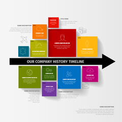 Poster - Vector Minimalist colorful mosaic Infographic timeline report template with square blocks around big time direction arrow. Colorful time line infochart with eight elements