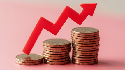 Aufkleber - Stacked coins with a red upward arrow symbolizing financial growth, increased profits, or successful investments on a pink background.
