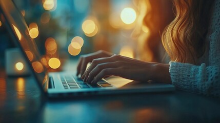 Wall Mural - A woman is typing on a laptop in a dimly lit room