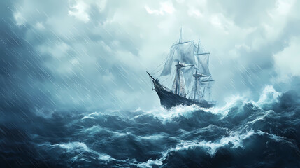 sailing ship swinging on stormy sea waves, rough ocean with rain and thunderstorm. stormy sea. illus