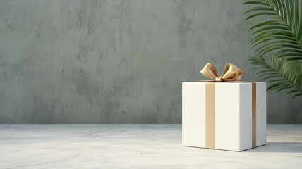 Elegant gift box with a golden bow on a minimalist background, perfect for celebration themes and festive occasions.