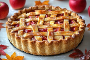 Apple pie decorated with lattice overhead shot, fall baking concept