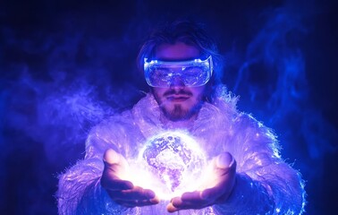 Poster - in this scenario, a smart man with a virtual reality headset is using a network cable to connect to 