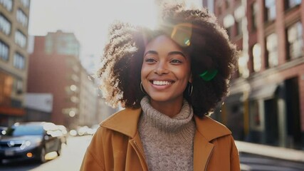 Wall Mural - Young woman smiling happy face on a street