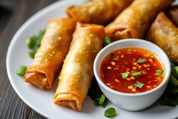 Poster - Spring rolls on a plate with spicy sauce