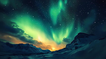 Wall Mural - Northern lights, norway winter aurora borealis painting, polar lights, copy space. Aurora Borealis. Illustration