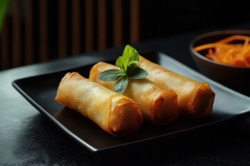 Wall Mural - Spring rolls on black plate