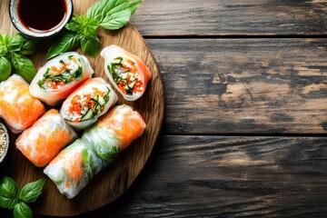 Canvas Print - Spring rolls on old wooden table