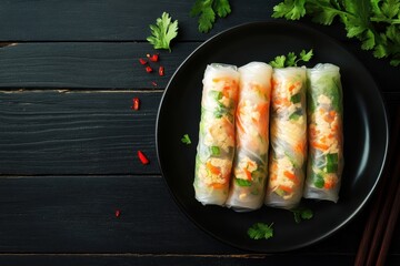 Wall Mural - Spring rolls served on dark wood surface