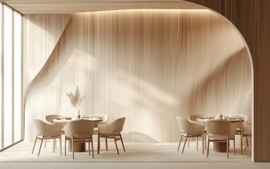 Wall Mural - Elegant arch interior dining room with modern wooden table and chairs under soft lighting in a minimalist setting with curved wood panel walls. contemporary design