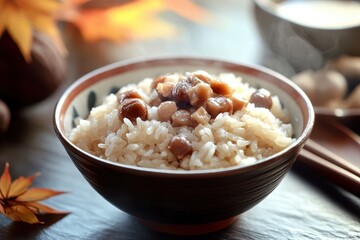 Poster - Steamed chestnut rice on the table Japanese autumn food