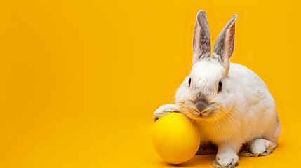 Adorable bunny tenderly holding a vibrant yellow Easter egg against a bold orange background for Easter.