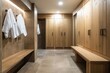 © LimeSky - Storage area in hotel or gym with wooden furniture and shower facilities