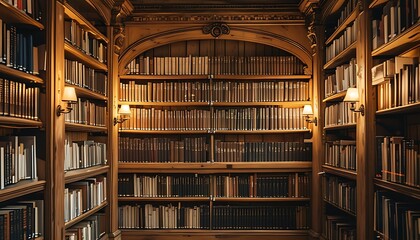 Wall Mural - In the classic-style library, wooden bookshelves are filled with books, and warm lights illuminate the entire space, giving people a quiet reading atmosphere.