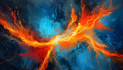 Dynamic clash of fiery orange and cool blue energy against a dark textured backdrop