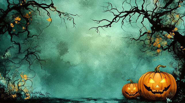 Happy Halloween banner or party invitation background with clouds, bats and pumpkins in paper cut style. Vector illustration. Full moon in orange sky, spiders web and witch cauldron. Place for text 