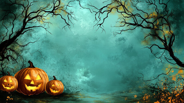 Happy Halloween banner or party invitation background with clouds, bats and pumpkins in paper cut style. Vector illustration. Full moon in orange sky, spiders web and witch cauldron. Place for text 