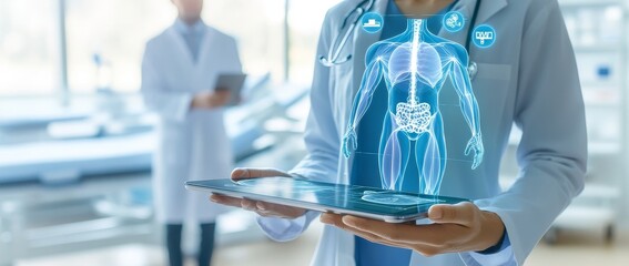 Wall Mural - A doctor touching an electronic medical record on a tablet. DNA. Digital healthcare and network connection on a hologram, medical technology, and futuristic concept.