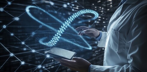 Poster - in this illustration, we see an abstract luminous dna molecule. a doctor is using a tablet to examin