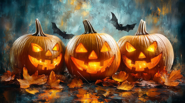 Happy Halloween banner or party invitation background with clouds, bats and pumpkins in paper cut style. Vector illustration. Full moon in orange sky, spiders web and witch cauldron. Place for text 