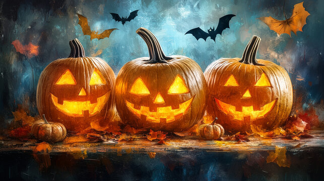 Happy Halloween banner or party invitation background with clouds, bats and pumpkins in paper cut style. Vector illustration. Full moon in orange sky, spiders web and witch cauldron. Place for text 