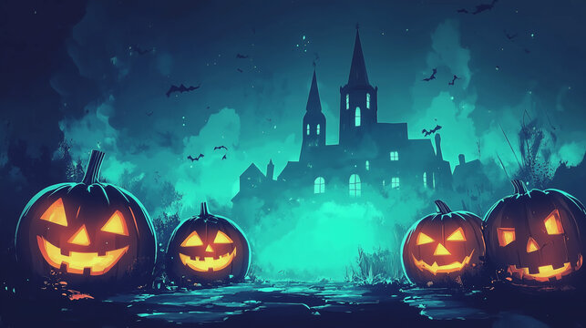 Happy Halloween banner or party invitation background with clouds, bats and pumpkins in paper cut style. Vector illustration. Full moon in orange sky, spiders web and witch cauldron. Place for text 