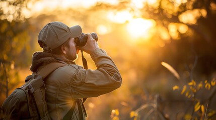 Poster - A photographer takes photos of a sunset over rolling hills.