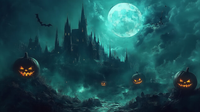 Happy Halloween banner or party invitation background with clouds, bats and pumpkins in paper cut style. Vector illustration. Full moon in orange sky, spiders web and witch cauldron. Place for text 