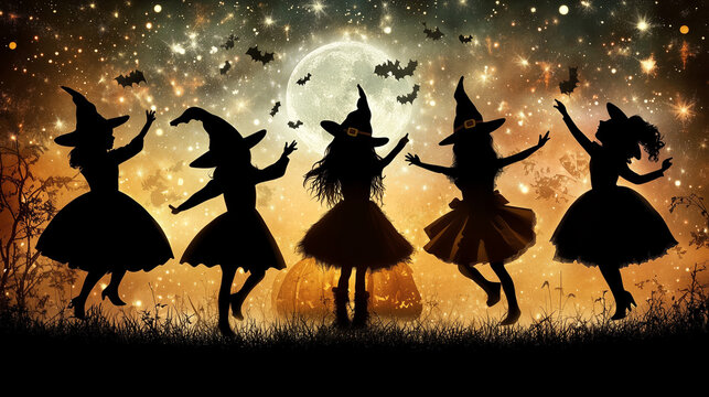 Happy Halloween banner or party invitation background with clouds, bats and pumpkins in paper cut style. Vector illustration. Full moon in orange sky, spiders web and witch cauldron. Place for text 