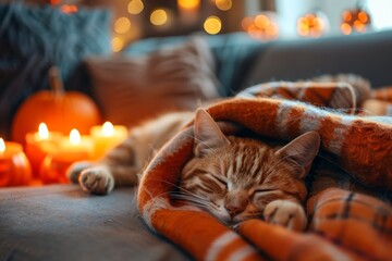 Cozy cat napping in autumn candlelight