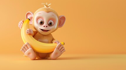 Poster - A cute cartoon monkey holding a banana in front of a yellow background.