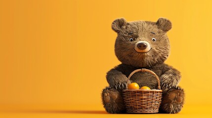 Poster - A cartoon bear with a basket of oranges in front of an orange background.