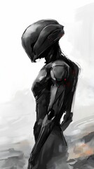 closeup person helmet standing beach red mechanical body gray anthropomorphic female abstract human grey suit biblical android translucid biomechanical cyborg