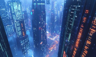 Sticker - A Futuristic Cityscape with Tall, Illuminated Buildings and Fog