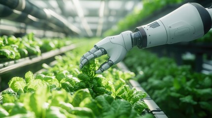 Poster - Futuristic robotic arm harvesting lettuce in a climate-controlled hydroponic farm, emphasizing sustainability and modern farming techniques