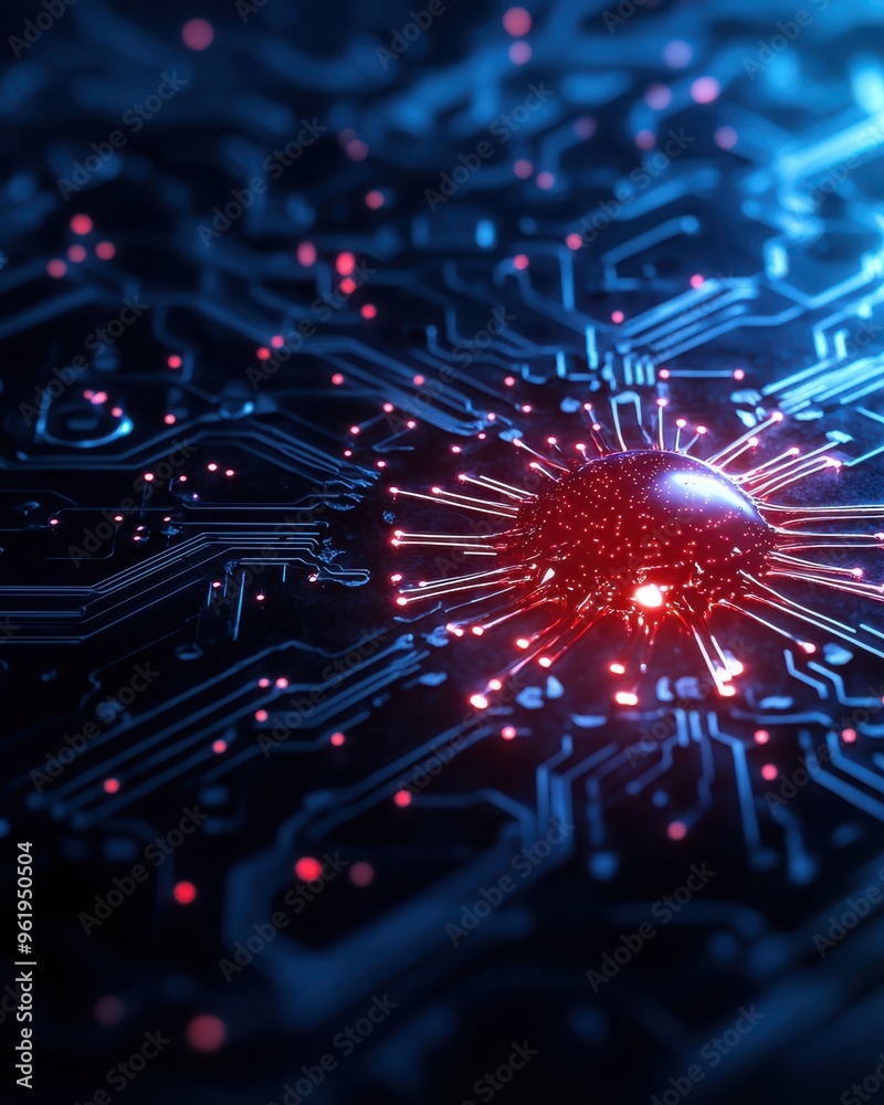 Futuristic digital circuit with glowing particles and a central orb ...