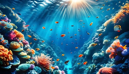 Vibrant coral reef teeming with colorful fish swimming in crystal-clear blue water beneath sunlit waves