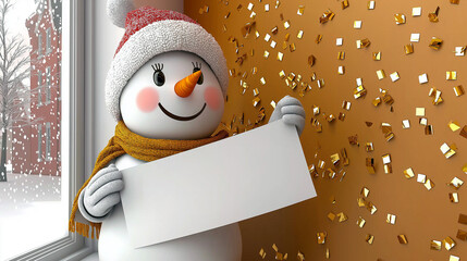 A cheerful snowman wearing a knitted hat and scarf is holding a blank sign while standing next to a window.Gold confetti is falling in the background against an orange wall with copy space.AI generate