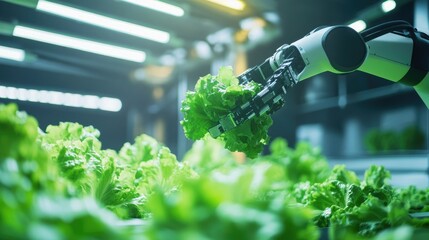 Poster - Innovative agricultural robot harvesting lettuce from a hydroponic vertical plant setup, close-up view highlighting precise technology