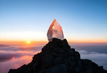 a glowing crystal on a mountain top during sunrise, reflecting the first light of day and surrounded by mist create with ai