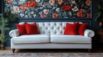 eclectic living room interior featuring a crisp white sofa adorned with bold red pillows vintage floral wallpaper adds character mix of modern and retro elements creates visual interest