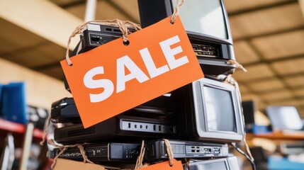 Vintage electronics with a bold SALE sign, highlighting classic technology in a cozy store environment.