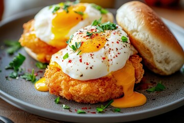 Sticker - Tasty breakfast dish with poached eggs bun and chicken