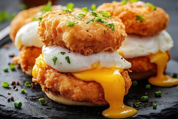 Canvas Print - Tasty breakfast with poached eggs and chicken cutlet Eggs Benedict