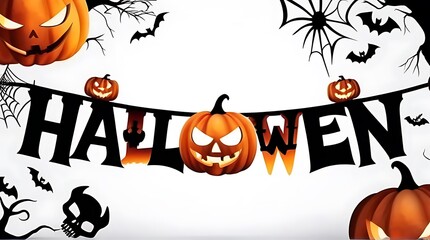 Wall Mural - halloween banner festive lettering spooky elements painted watercolor style white background