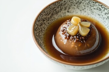 Tasty Chinese dessert with taro and chestnut syrup on white background