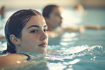 Two women with swim board doing leg exercises in pool focus on woman s face