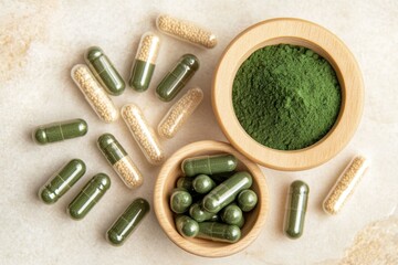 Wooden Bowls with Spirulina Powder and Capsules on a Light Background