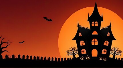 halloween banner devil house trees pumpkins spider net orange sky background