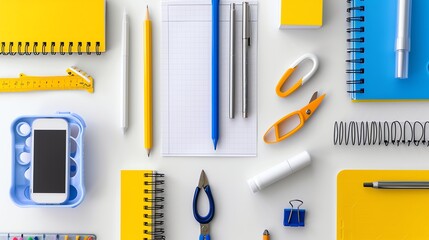 Wall Mural - A flat lay of colorful office supplies on a white desk.